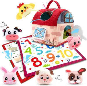 Baby Toys 6-12 Months, Barn Toy with Stuffed Farm Animals, Rattle, Soft Paper, Mirror, Montessori Sensory Toy for Babies Boys Girls 1 2 3 Year Old, Birthday Gift for Infants Toddlers