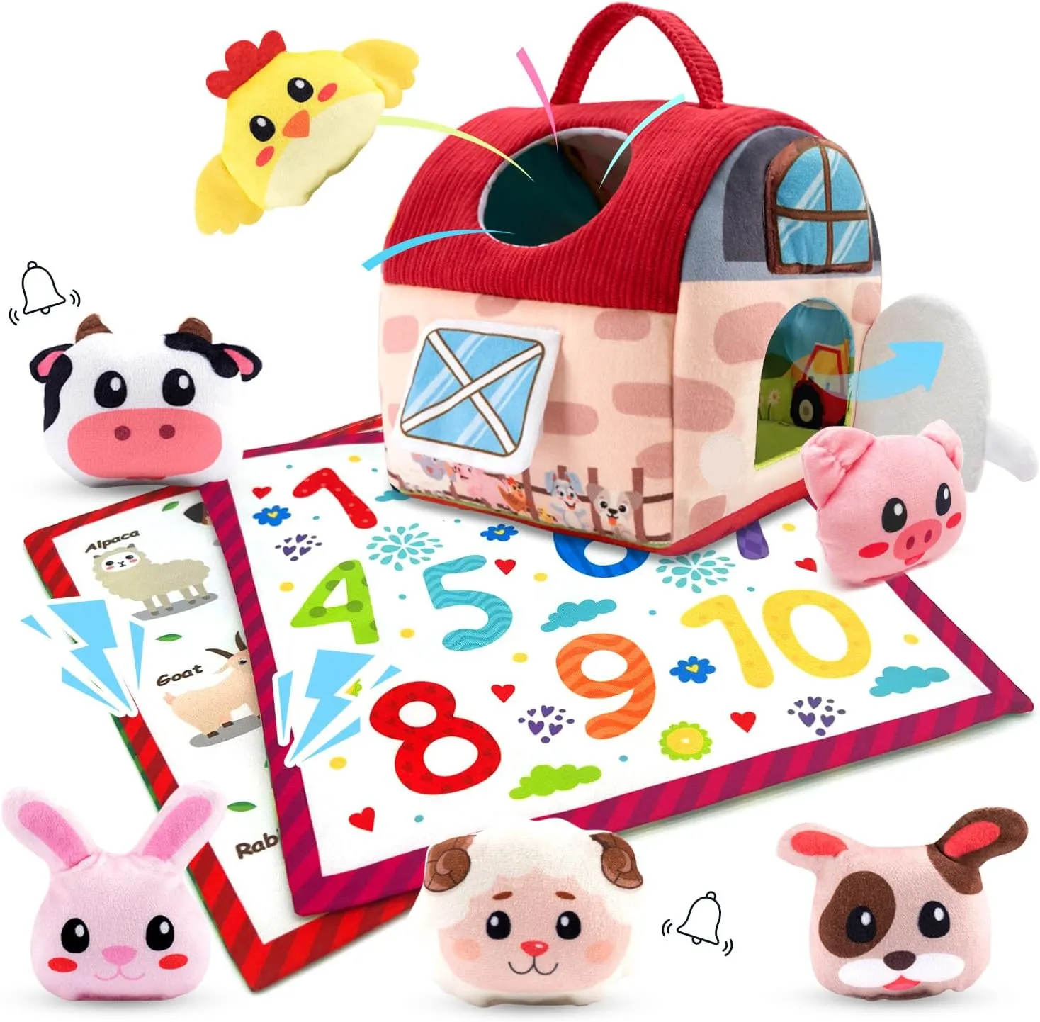 Baby Toys 6-12 Months, Barn Toy with Stuffed Farm Animals, Rattle, Soft Paper, Mirror, Montessori Sensory Toy for Babies Boys Girls 1 2 3 Year Old, Birthday Gift for Infants Toddlers