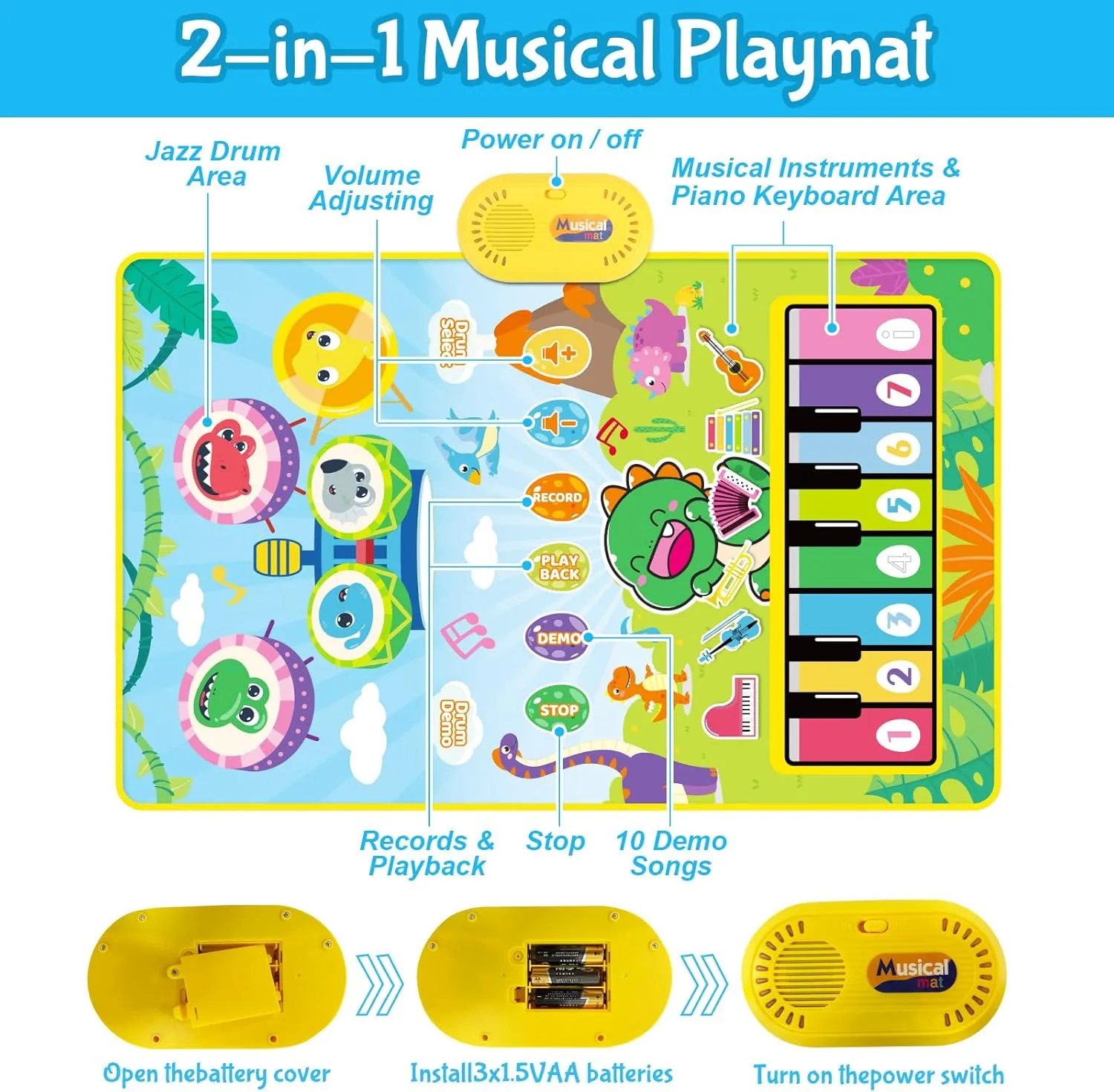 Baby Toys for 0-6 Months, Dinosaur Musical Mat Montessori Sensor Toys 1 Year Old，Easter Basket Stuffers Gifts for 2 3 4 Year Old Toddler Boys Girls