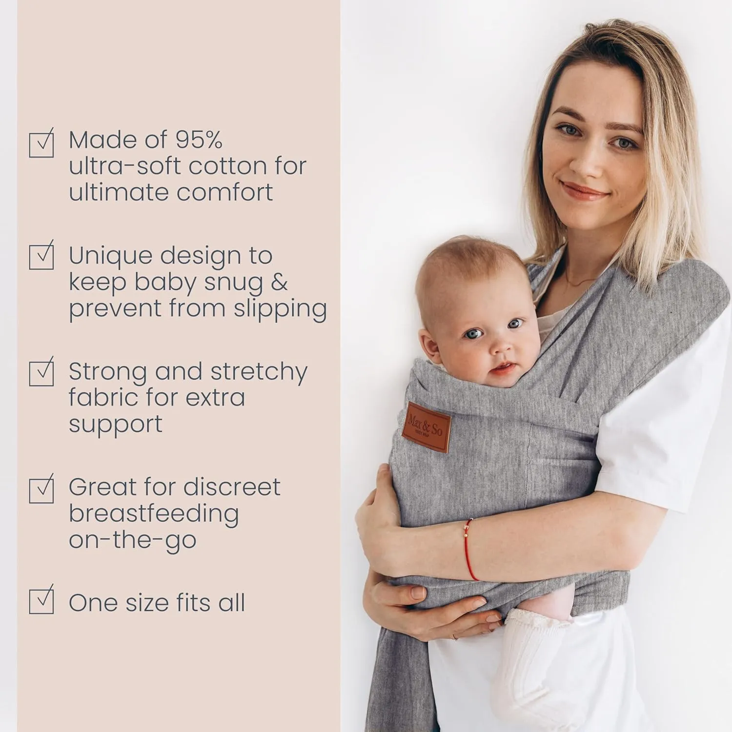 Baby Wrap Carrier - Premium Cotton Baby Carrier Wrap for Newborn to Toddler- Infant Carrier- Baby Holder One Size Fits All with Front Pocket (Grey) by Max&so