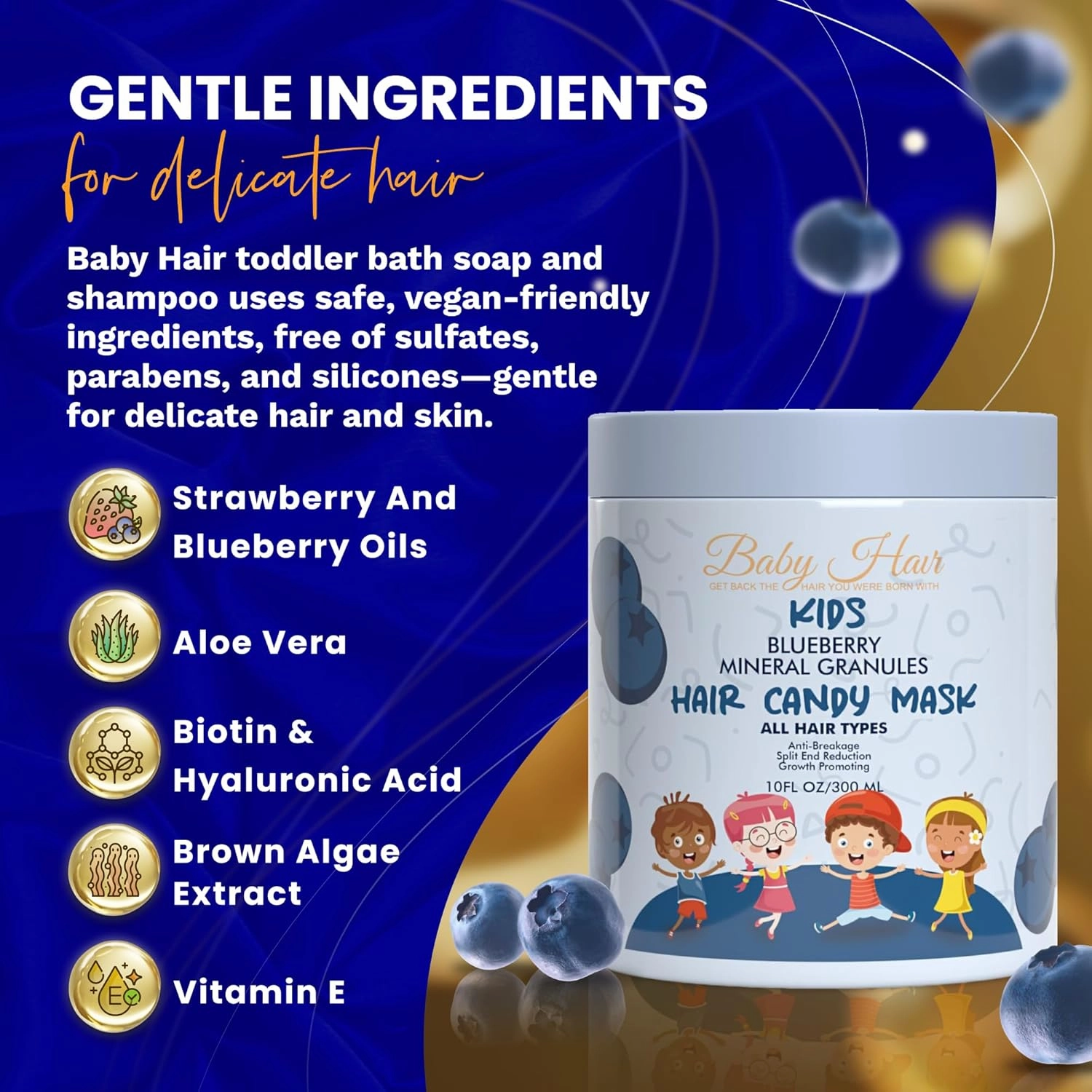 BABY HAIR - Blueberry Mineral Hair Candy Mask, Sulfate-Free Kids Hair Conditioner Mask, Hair Mask with Blueberry and Strawberry Oil, Aloe Vera, and Biotin, 10 fl.oz.