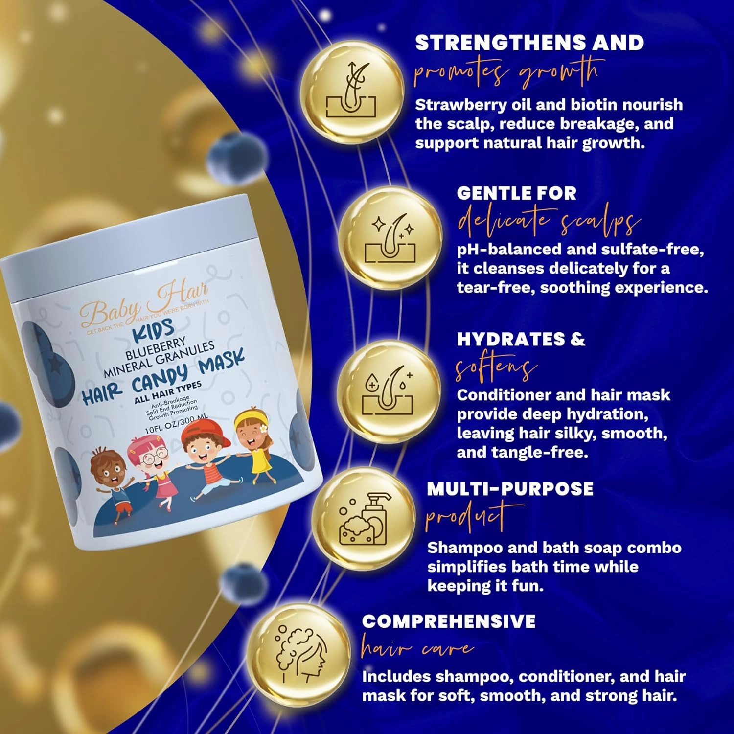BABY HAIR - Blueberry Mineral Hair Candy Mask, Sulfate-Free Kids Hair Conditioner Mask, Hair Mask with Blueberry and Strawberry Oil, Aloe Vera, and Biotin, 10 fl.oz.