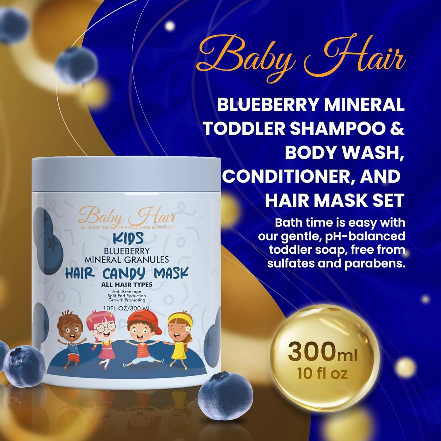 BABY HAIR - Blueberry Mineral Hair Candy Mask, Sulfate-Free Kids Hair Conditioner Mask, Hair Mask with Blueberry and Strawberry Oil, Aloe Vera, and Biotin, 10 fl.oz.