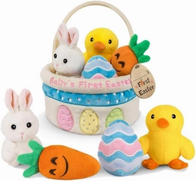 Baby's First Easter Basket Stuffers Playset, 5ct Stuffed Plush Bunny Chick Carrot Egg for Babies Girls Boys Kids Infant Toddler, Personalized Easter Decorations Gifts Party Supplies