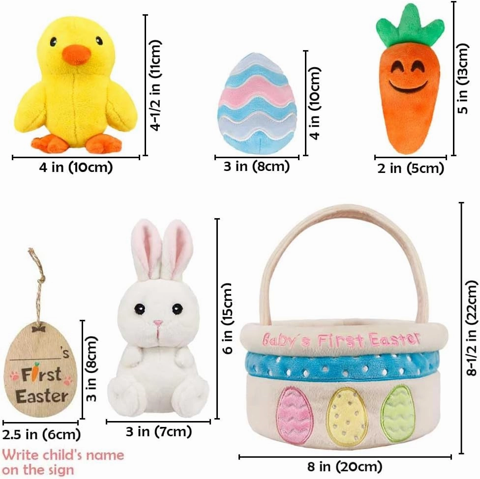 Baby's First Easter Basket Stuffers Playset, 5ct Stuffed Plush Bunny Chick Carrot Egg for Babies Girls Boys Kids Infant Toddler, Personalized Easter Decorations Gifts Party Supplies