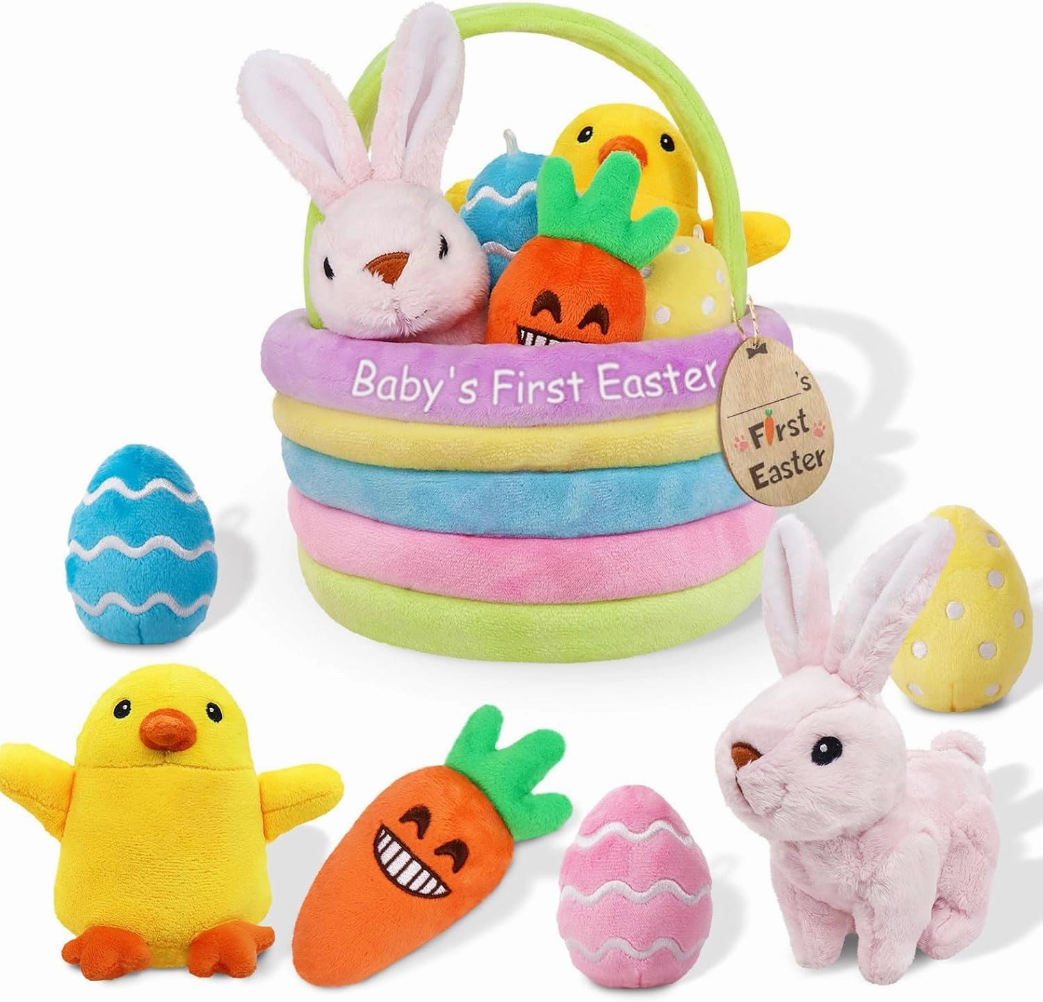 Baby's First Personalized Easter Basket Stuffers Playset, 7ct Stuffed Plush Bunny Chick Carrot Egg for Babies Girls Boys Kids Infant Toddler, Easter Party Gifts, Easter Decorations Party Supplies