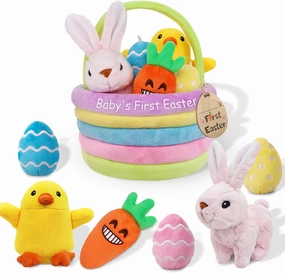Baby's First Personalized Easter Basket Stuffers Playset, 7ct Stuffed Plush Bunny Chick Carrot Egg for Babies Girls Boys Kids Infant Toddler, Easter Party Gifts, Easter Decorations Party Supplies