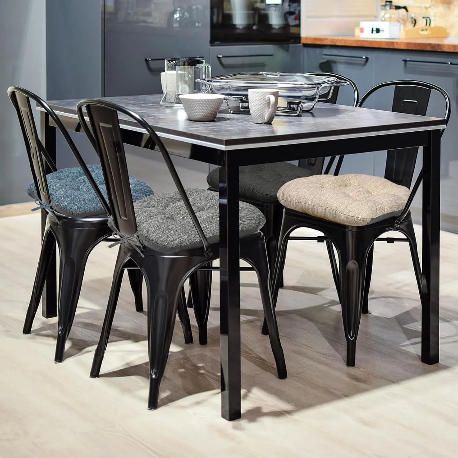 baibu 14×14 Metal Dining Chair Pads with Ties Set of 2, Super Soft Kitchen Chair Cushions Bar Stool Cushions with Non-Slip Bottom - 2 Cushions only (Grey, 14×14×2.5in)
