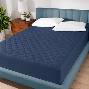 Bare Home Queen Quilted Fitted Mattress Pad - Cooling Mattress Topper - Easily Washable - Elastic Fitted Cover - Stretch-to-Fit up to 15 Inches Deep (Queen, Dark Blue)