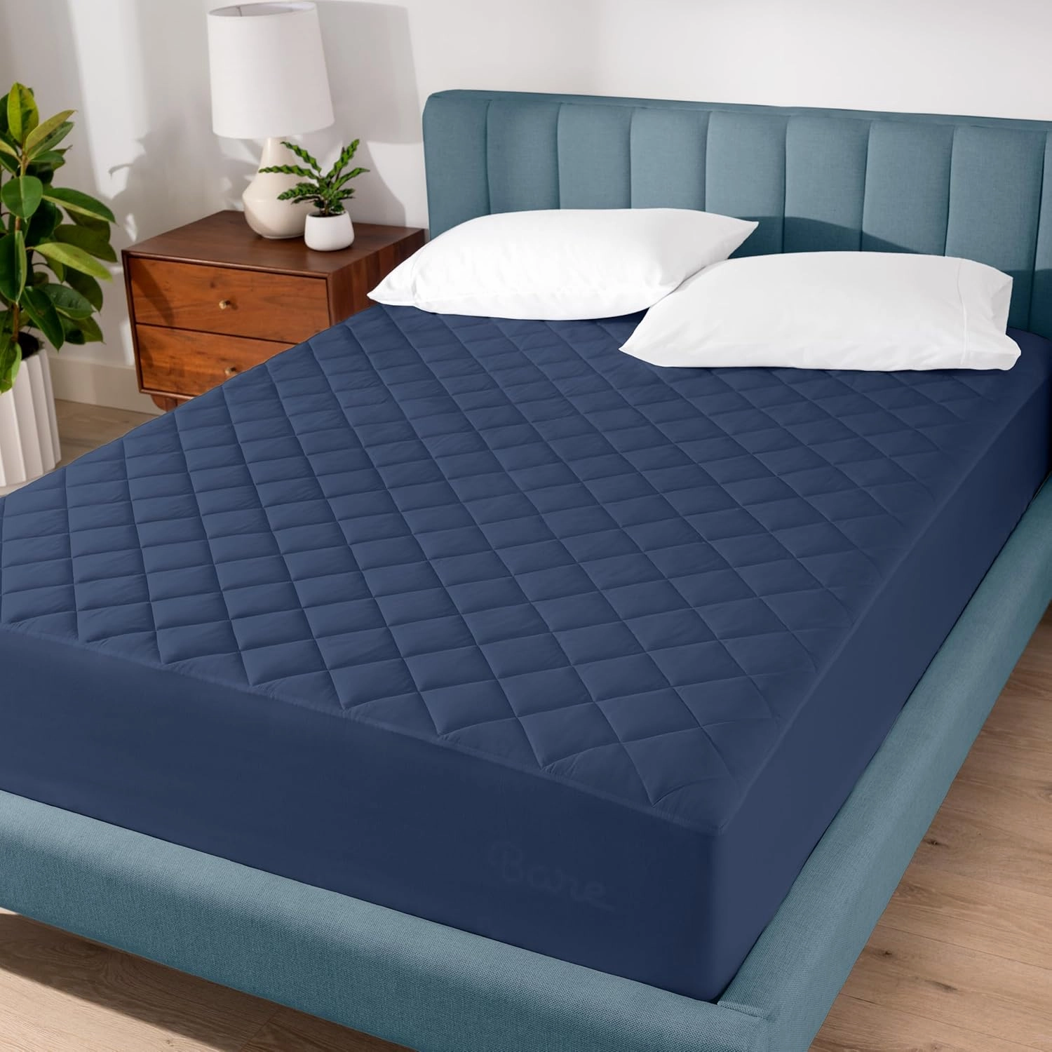 Bare Home Queen Quilted Fitted Mattress Pad - Cooling Mattress Topper - Easily Washable - Elastic Fitted Cover - Stretch-to-Fit up to 15 Inches Deep (Queen, Dark Blue)