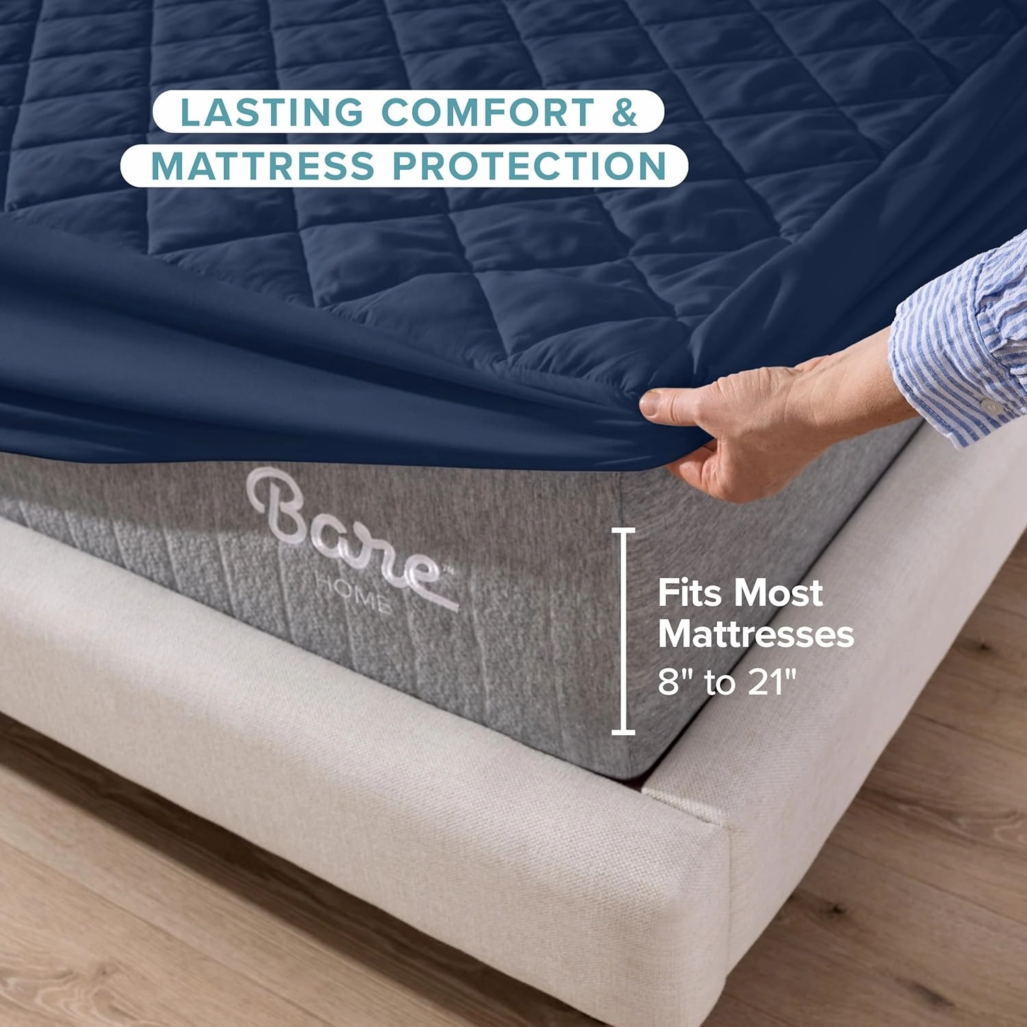 Bare Home Queen Quilted Fitted Mattress Pad - Cooling Mattress Topper - Easily Washable - Elastic Fitted Cover - Stretch-to-Fit up to 15 Inches Deep (Queen, Dark Blue)