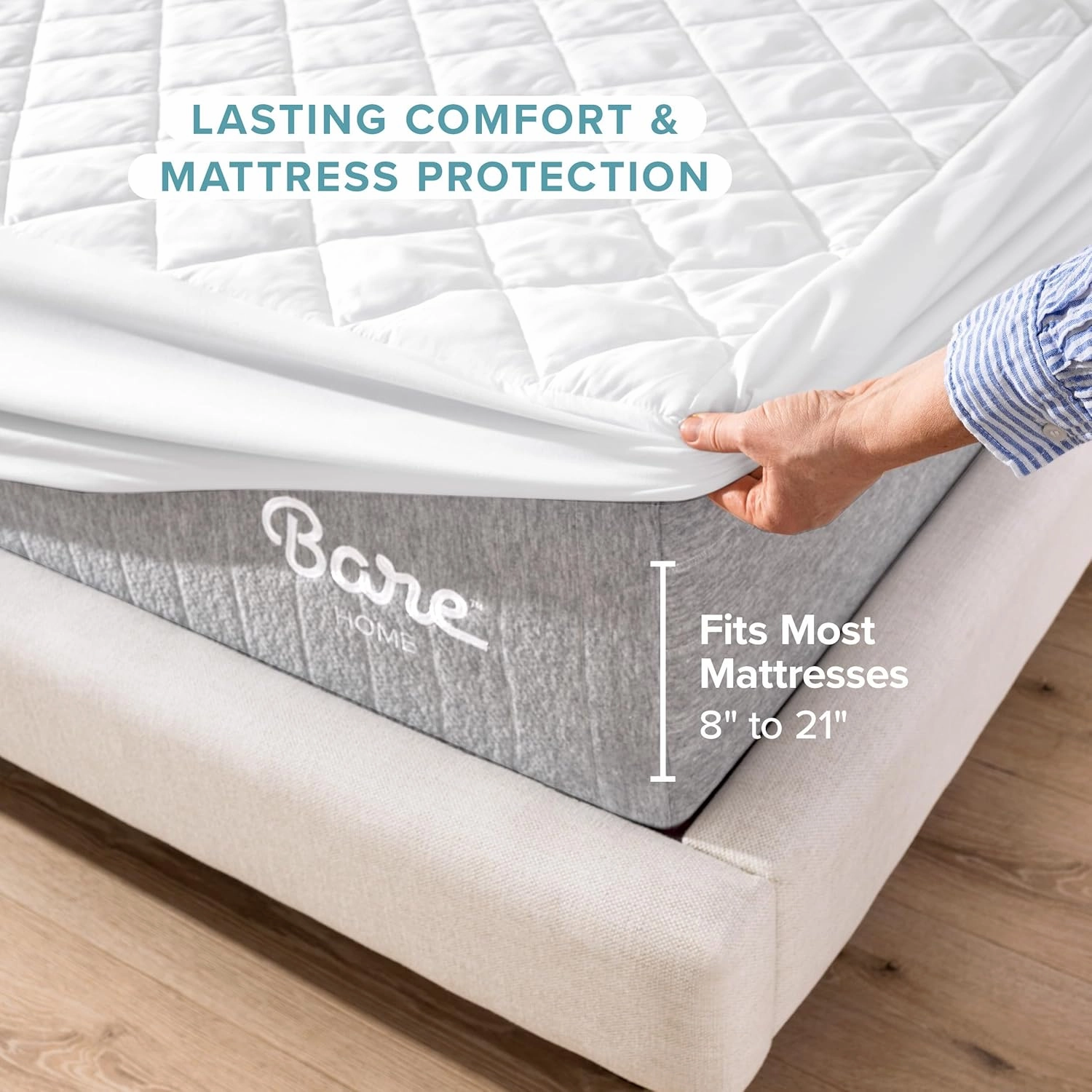 Bare Home Quilted Fitted Mattress Pad (Split Head Flex King) - Cooling Mattress Topper - Easily Washable - Elastic Fitted Cover - Stretch-to-Fit up to 15 Inches Deep (FlexTop King)