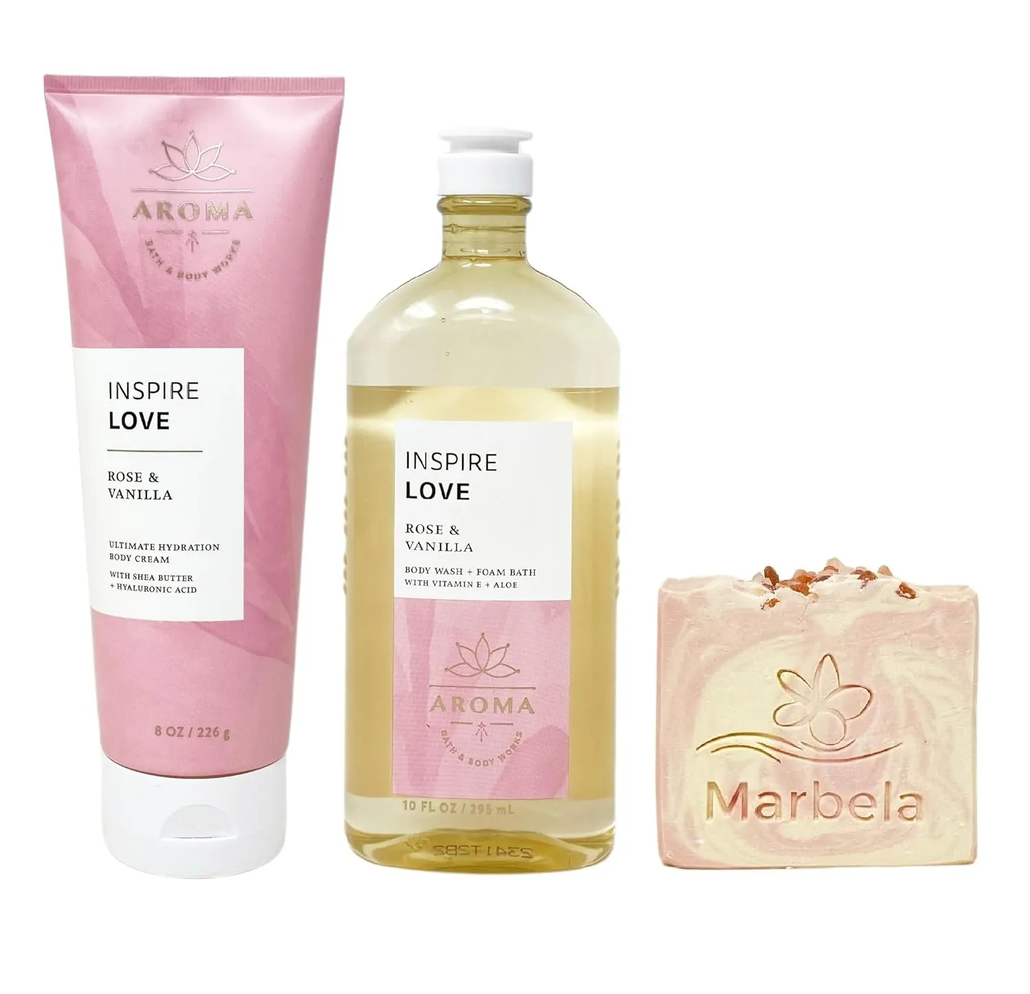 Bath & Body Works Aroma Inspire Love ROSE   VANILLA Body Cream and Body Wash   Foam Bath Set with a Himalayan Salts Springs Bar Soap - Full Size