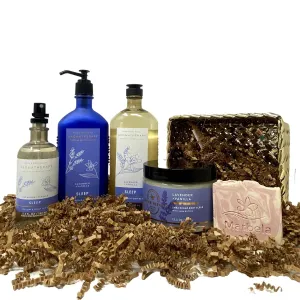 Bath & Body Works Aromatherapy Sleep Lavender Vanilla Gold Woven Basket 4 Piece Gift Set - with a Himalayan Salts Springs Sample Soap