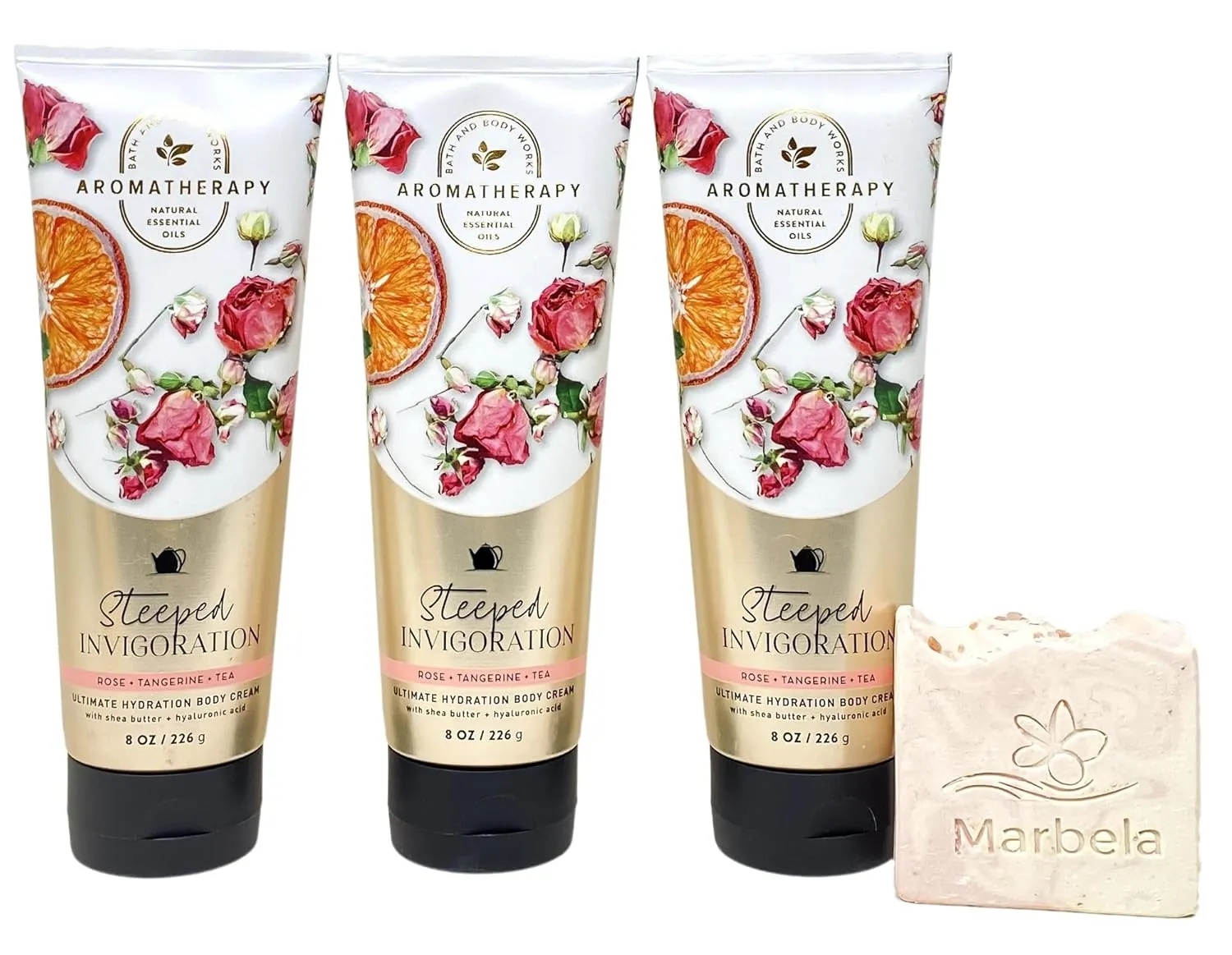 Bath & Body Works Aromatherapy Steeped Invigoration Rose   Tangerine   Tea 3 Body Cream Set with a Himalayan Salts Springs Bar Soap - Full Size