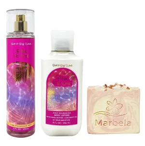 Bath & Body Works Pink Tie Dye Fragrance Mist and Body Lotion Duo Set with a Himalayan Salts Springs Bar Soap