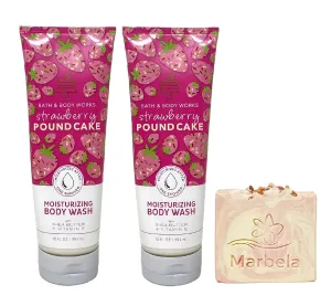 Bath & Body Works Strawberry Pound Cake 2 Pack Moisturizing Body Wash Bundle with a Himalayan Salts Springs Bar Soap - Full Size