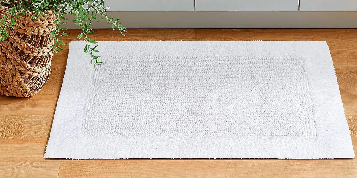 Bath Mat Rug 17"x24" White, 100% Pure Cotton, Super Soft Bath Rugs, Plush & Absorbent, Hand Tufted Heavy Weight Construction, Full Reversible Step Out Rugs