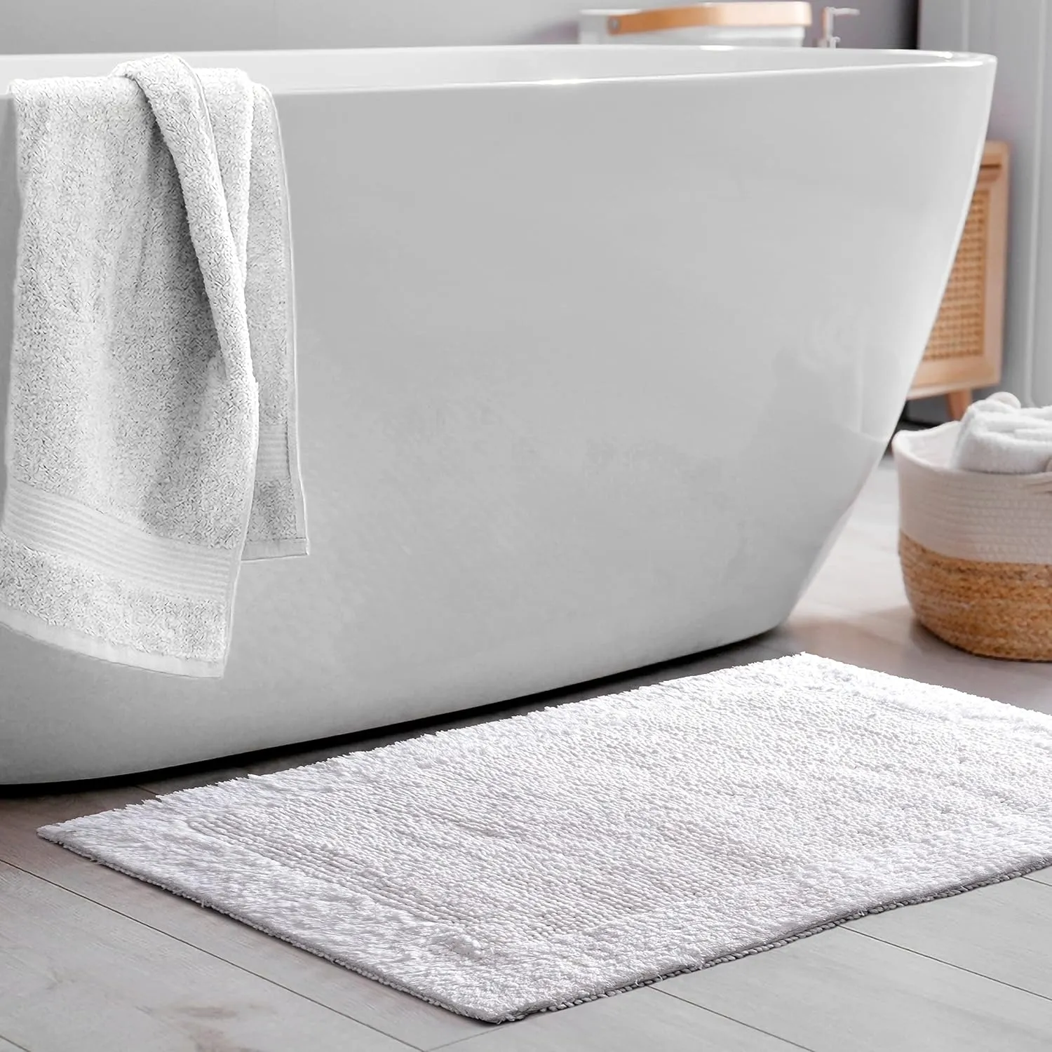 Bath Mat Rug 17"x24" White, 100% Pure Cotton, Super Soft Bath Rugs, Plush & Absorbent, Hand Tufted Heavy Weight Construction, Full Reversible Step Out Rugs