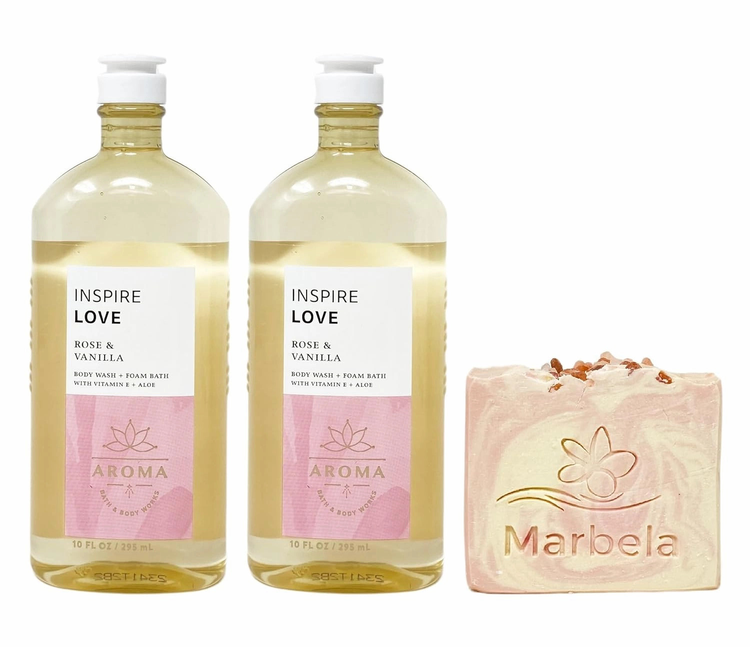 Bath & Body Works Aroma Inspire Love ROSE   VANILLA 2 Pack Body Wash   Foam Bath Bundle with a Himalayan Salts Springs Bar Soap - Full Size