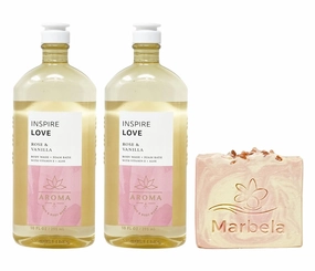 Bath & Body Works Aroma Inspire Love ROSE   VANILLA 2 Pack Body Wash   Foam Bath Bundle with a Himalayan Salts Springs Bar Soap - Full Size