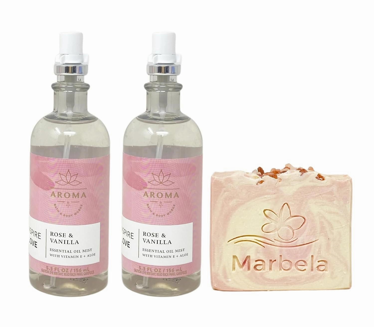 Bath & Body Works Aroma Inspire Love ROSE   VANILLA 2 Pack Essential Oil Mist Set with a Himalayan Salts Springs Bar Soap - Full Size