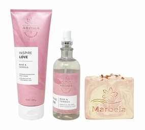 Bath & Body Works Aroma Inspire Love ROSE   VANILLA Body Cream and Essential Oil Mist Set with a Himalayan Salts Springs Bar Soap - Full Size