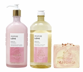 Bath & Body Works Aroma Inspire Love ROSE   VANILLA Body Lotion and Body Wash   Foam Bath Set with a Himalayan Salts Springs Bar Soap - Full Size