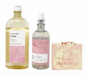 Bath & Body Works Aroma Inspire Love ROSE   VANILLA Essential Oil Mist and Body Wash   Foam Bath Set with a Himalayan Salts Springs Bar Soap - Full Size