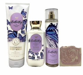 Bath & Body Works Butterfly 3 Piece Gift Set - Fine Fragrance Mist, Body Lotion and Moisturizing Body Wash with a Himalayan Salts Springs Sample Soap.