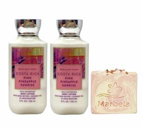 Bath & Body Works Costa Rica Pink Pineapple Sunrise 2 Pack Body Lotion Bundle with a Himalayan Salts Springs Bar Soap - Full Size