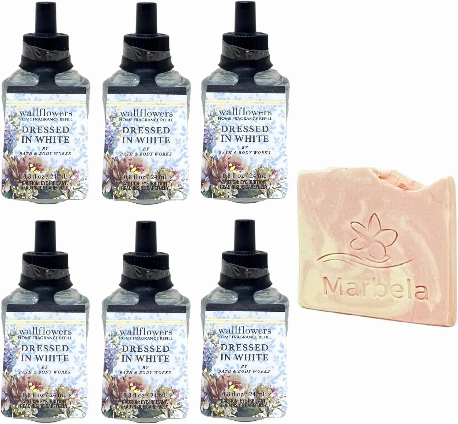 Bath & Body Works Dressed in White - 6 Pack Wallflowers Home Fragrance Refill Set with a Himalayan Salts Springs Sample Soap.