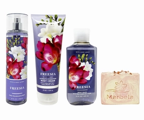 Bath & Body Works Freesia 3 Piece Bundle with a Himalayan Salts Springs Bar Soap - Fragrance Mist - Body Cream and Body Wash - Full Size