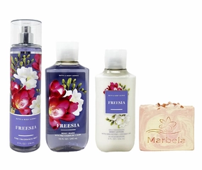 Bath & Body Works Freesia Trio Bundle with a Himalayan Salts Springs Bar Soap - Full Size