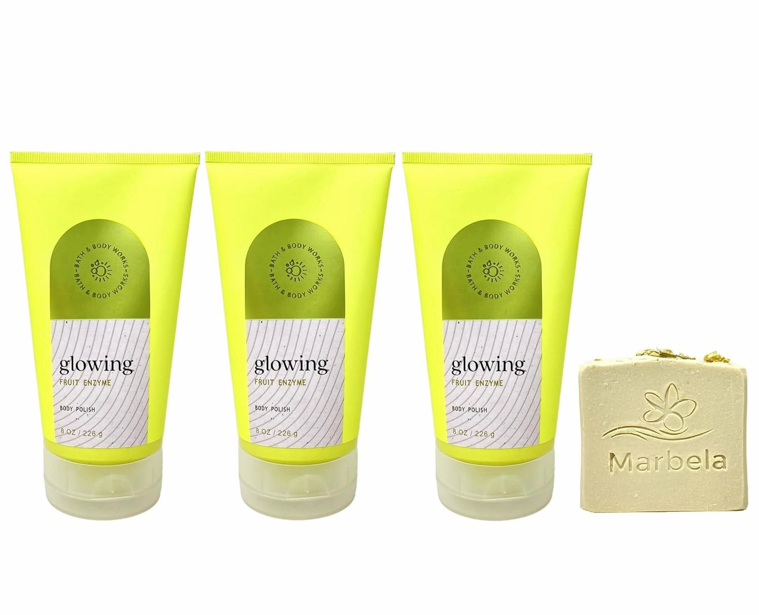 Bath & Body Works Glowing With Fruit Enzyme 3 Pack Body Polish Bundle with a 4 oz Marbela Wild Jasmine Bar Soap