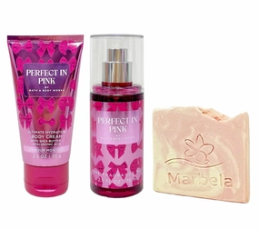 Bath & Body Works Perfect In Pink Mini Fragrance Mist and Body Cream Bundle with a Himalayan Salts Springs Sample Soap - Travel Size