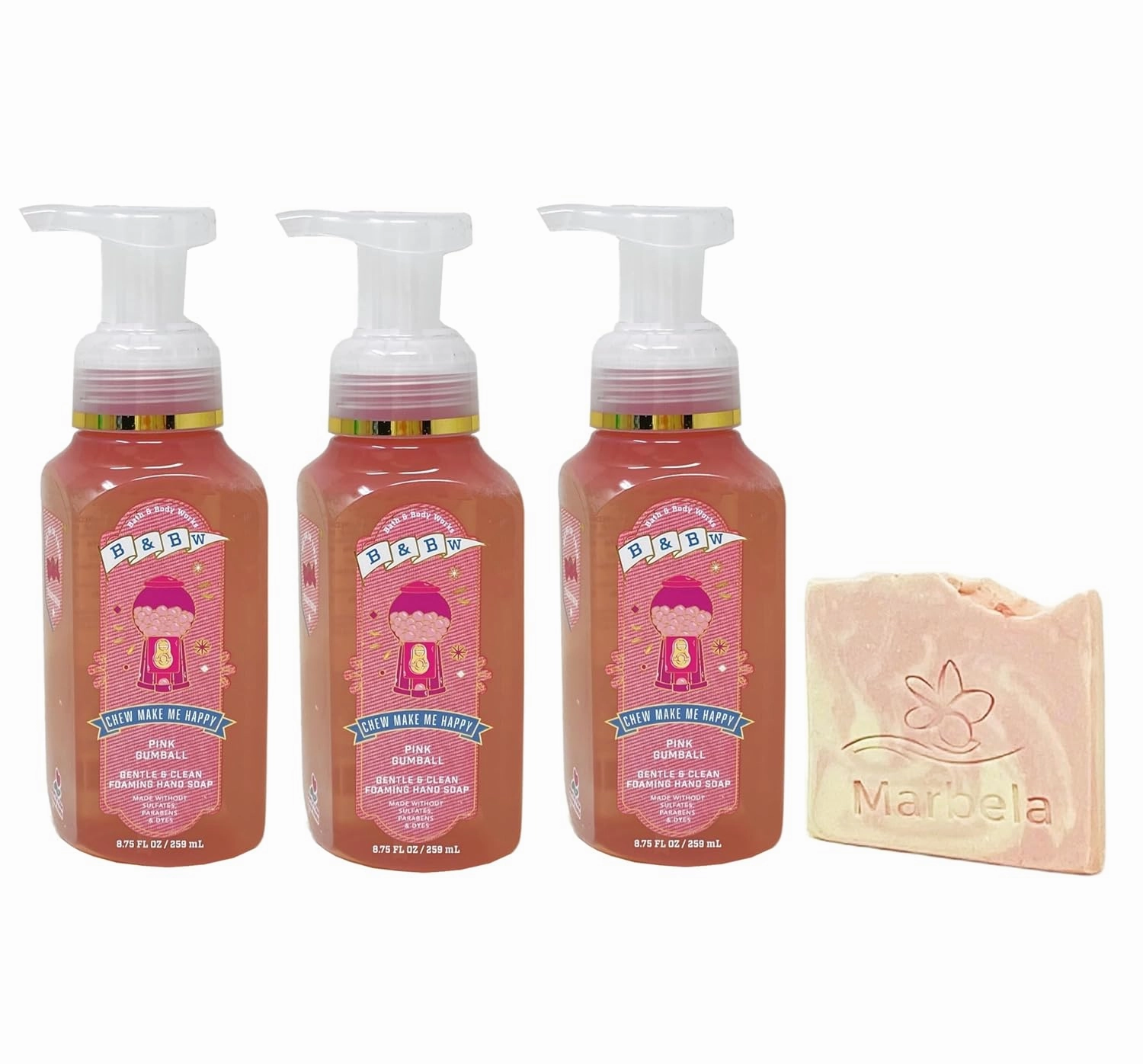 Bath & Body Works Pink Gumball 3 Pack Gentle & Clean Foaming Hand Soap Bundle with a Himalayan Salts Springs Sample Soap