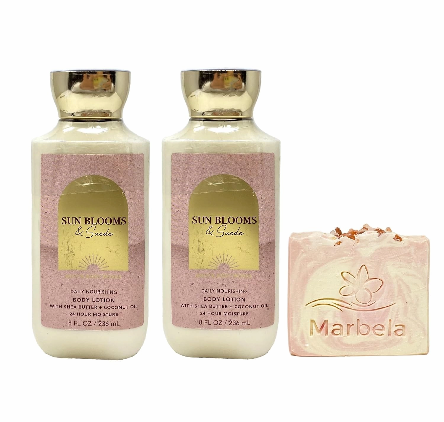 Bath & Body Works Sun Blooms & Suede 2 Pack Daily Nourishing Body Lotion Bundle with a Himalayan Salts Springs Bar Soap - Full Size