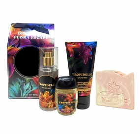 Bath & Body Works Tropidelic - Discover a Floral Escape Mini Gift Bag Trio - Fragrance Mist, Body Cream and Hand Gel - with a Himalayan Salts Springs Sample Soap - Travel Size