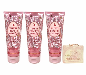 Bath & Body Works Tutti Frutti Candy 3 Pack Body Cream Set with a Himalayan Salts Springs Bar Soap - Full Size