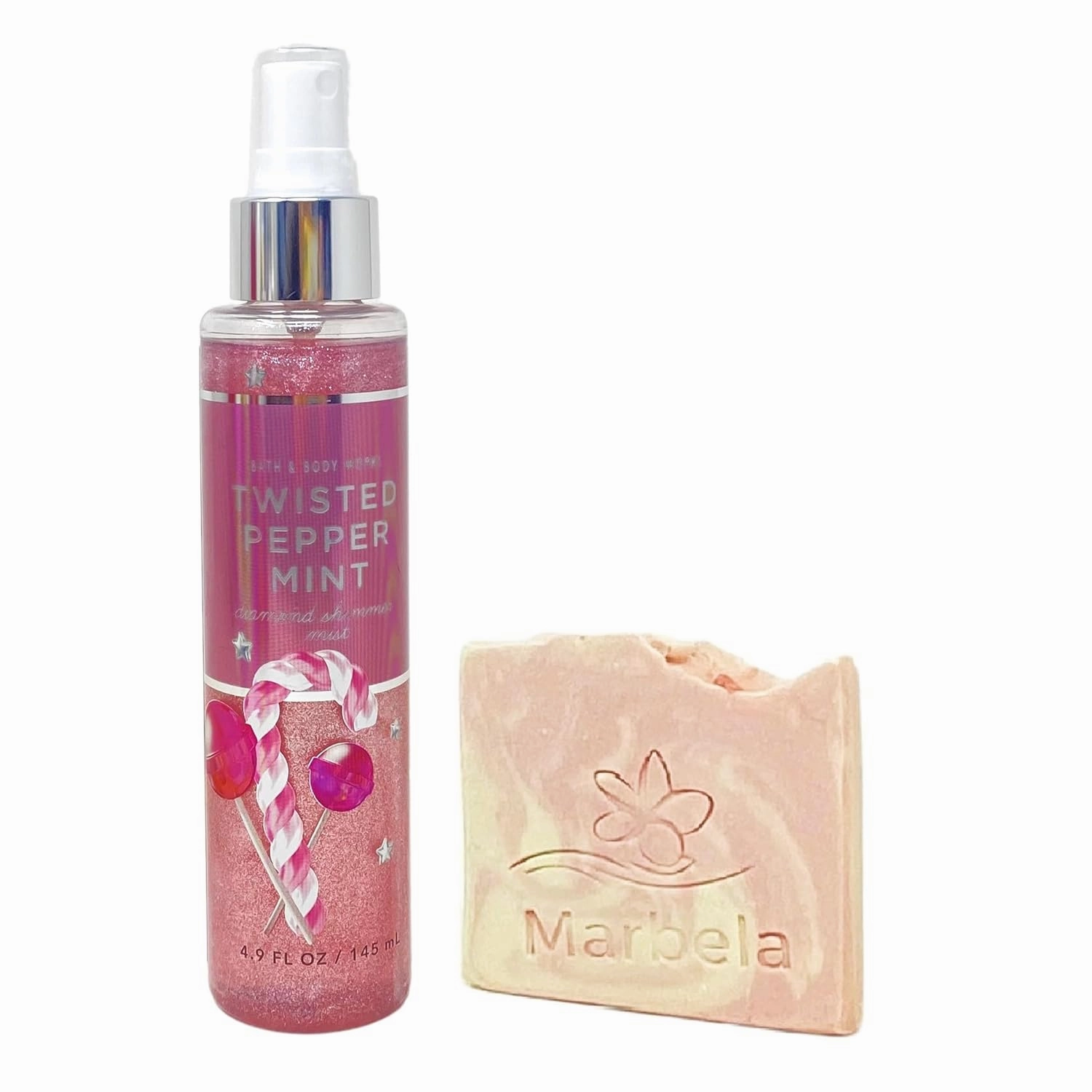 Bath & Body Works Twisted Peppermint Diamond Shimmer Mist with a Himalayan Salts Springs Sample Soap