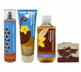 Bath & Body Works Whipped Coconut Milkshake 3 Piece Bundle - Fragrance Mist - Body Cream - Body Wash - with a Cherry On Top Bar Soap - Full Size