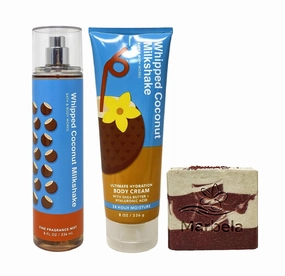 Bath & Body Works Whipped Coconut Milkshake Fragrance Mist and Body Cream Bundle with a Cherry On Top Bar Soap - Full Size