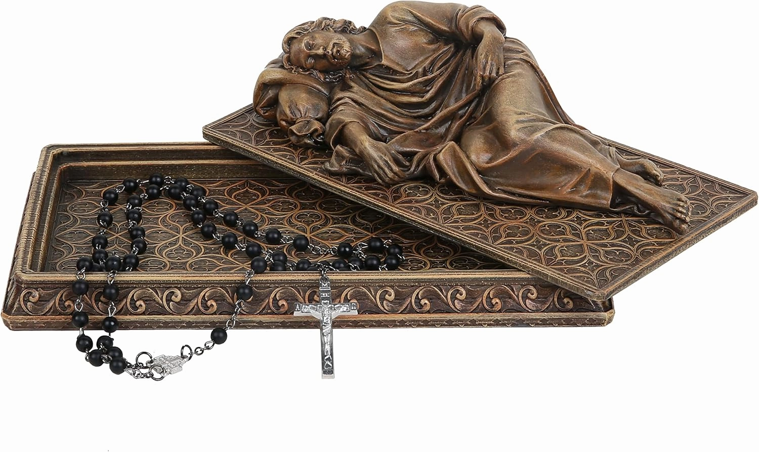 BC Catholic Sleeping St Joseph Statue with Case Base, Holder for Rosary, Patron Saint Religious Gfit of Inspirational Home Decor, 8.8" L, Wood Carve Looking, Hand Painted by Buildclassic