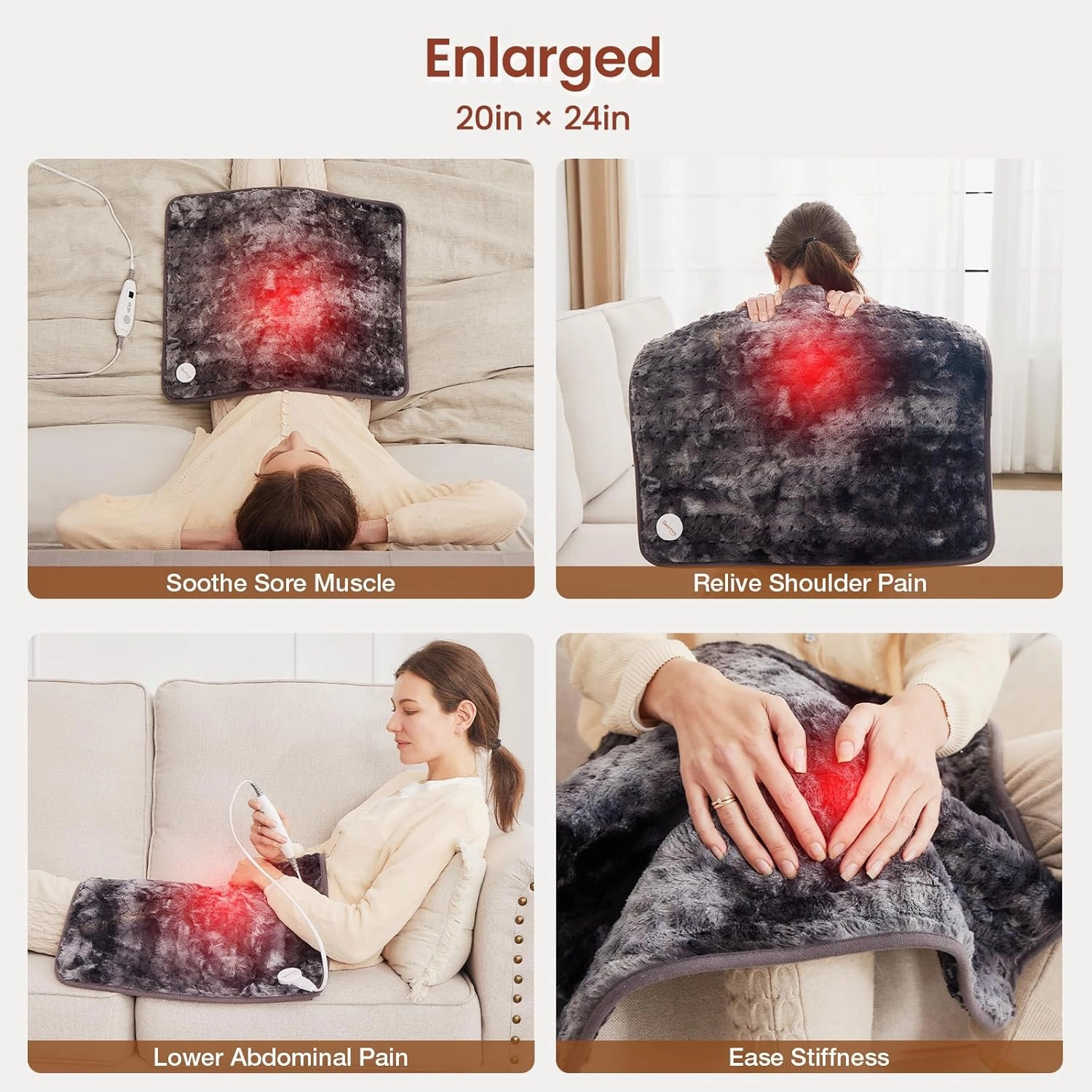 Bearhug XL Electric Heating Pad 20''x24'' Double-Sided Faux Fur Heated Pad, 6 Heat Levels, 2H Auto-Off, Moist & Dry Heat Therapy for Back Pain Relief, Machine Washable, ETL Certified, Gift Box