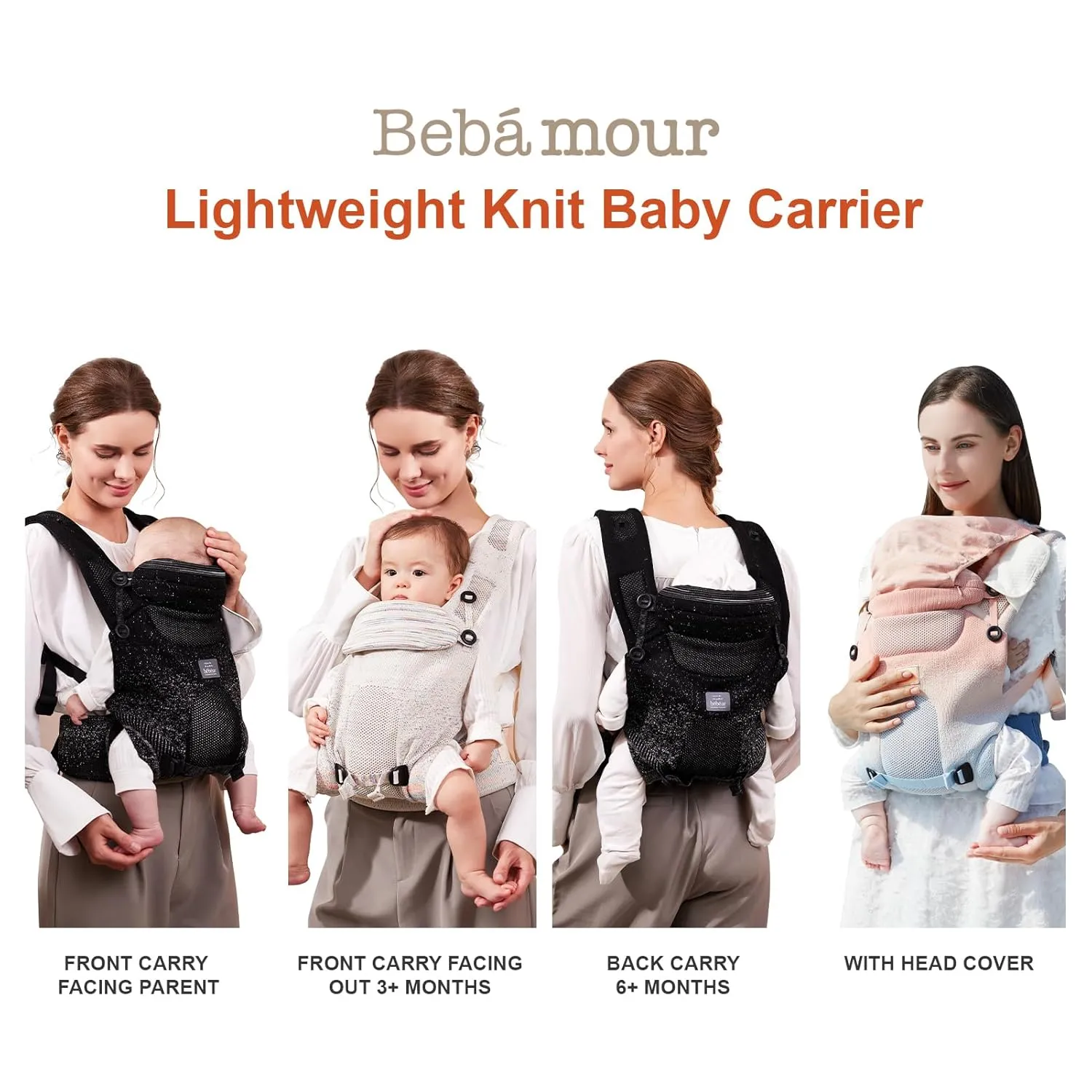 Bebamour Knit Baby Carrier Newborn to Toddler -Lightweight Baby Wrap Carrier 3-in-1 Baby Carrier Front and Back Carry (Grey,7-32 lbs)