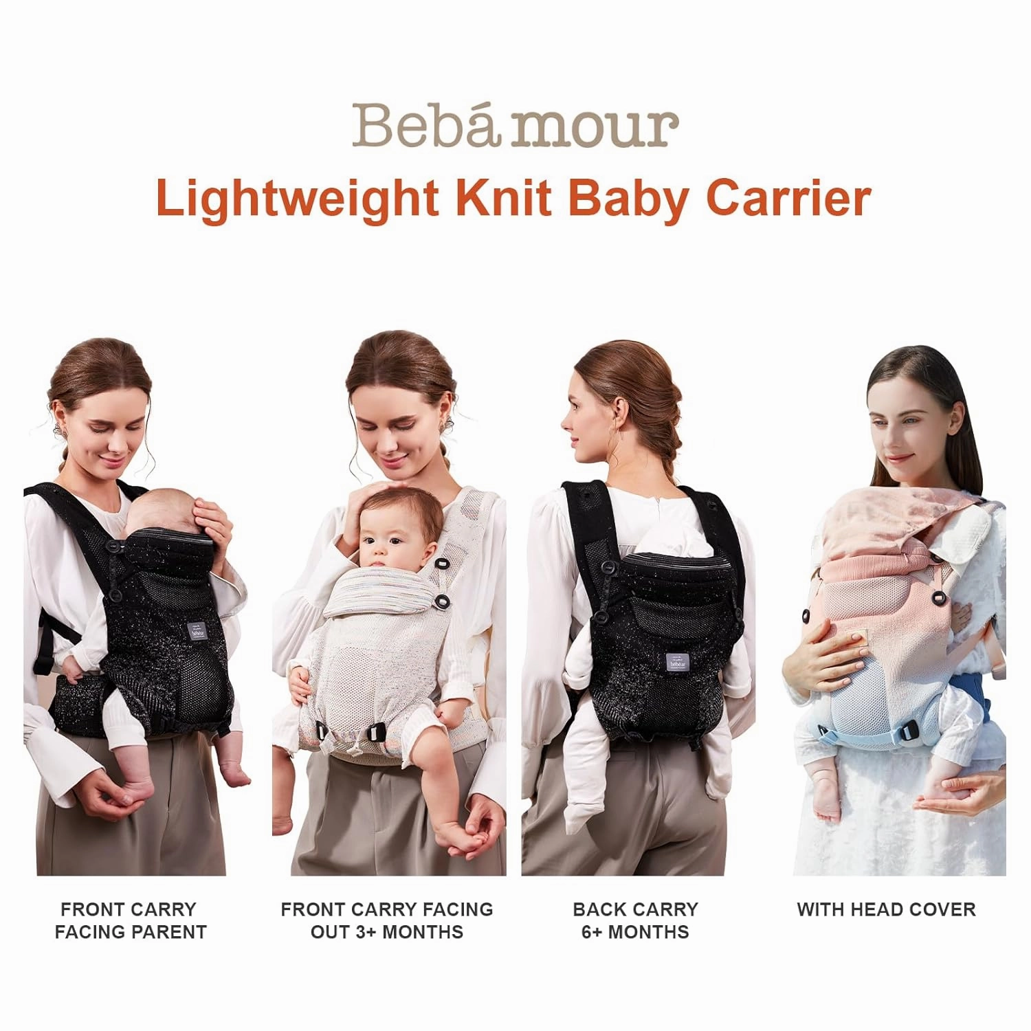 Bebamour Knit Baby Carrier Newborn to Toddler -Lightweight Baby Wrap Carrier 3-in-1 Baby Carrier Front and Back Carry (Grey,7-32 lbs)