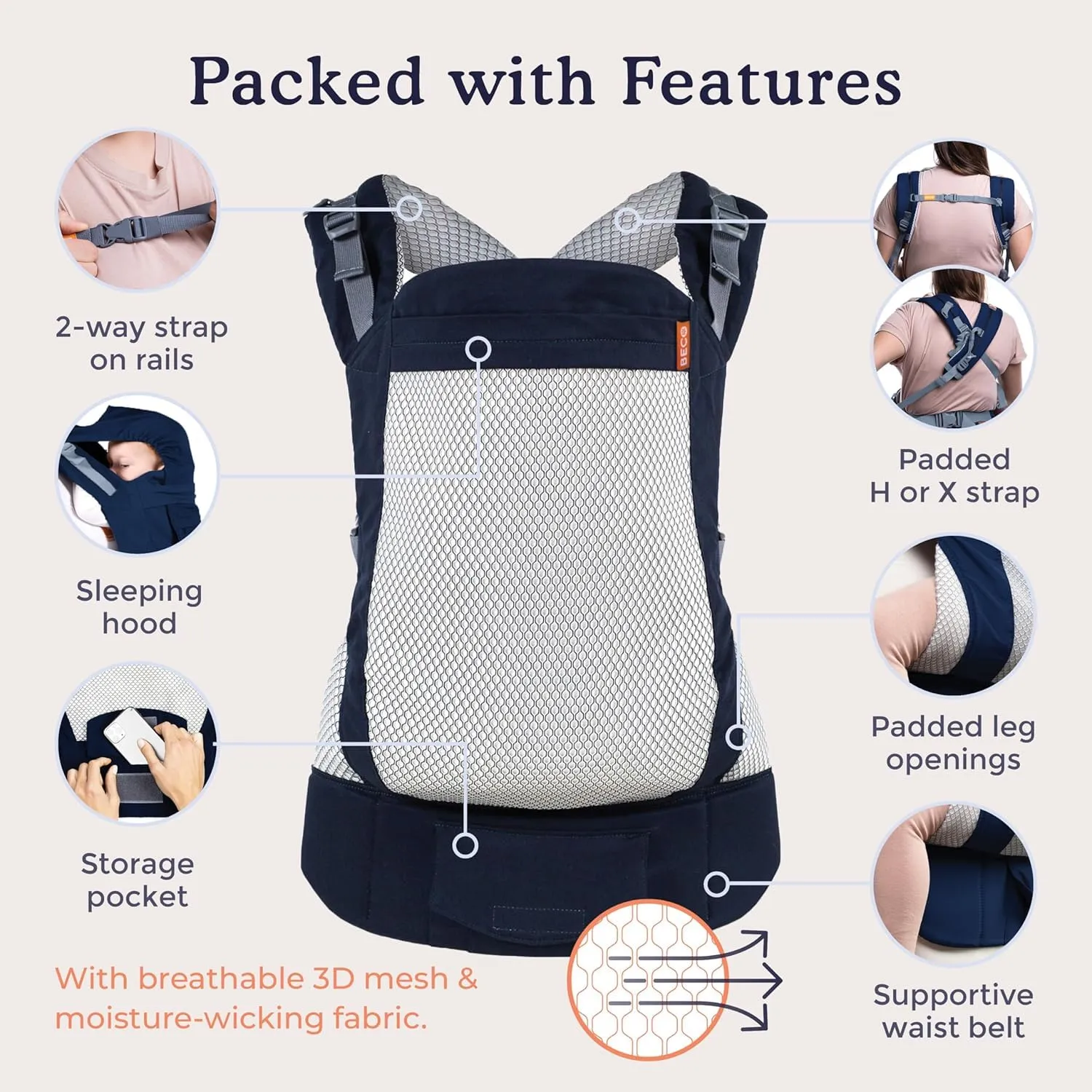 Beco Toddler Carrier with Extra Wide Seat - Features 3D Performance Mesh for a Lightweight & Breathable Baby Carrier Backpack Style or Front Carry (20-60 lbs) - Cool Navy