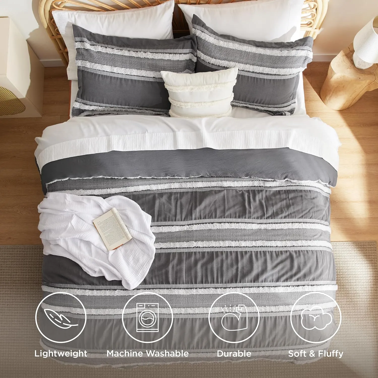 Bedsure Boho Comforter Set King - Dark Grey Jacquard Bedding King Size, 3 Pieces Farmhouse Shabby Chic Embroidery Bed Set, Soft Fluffy Tufted Striped Comforter for All Seasons