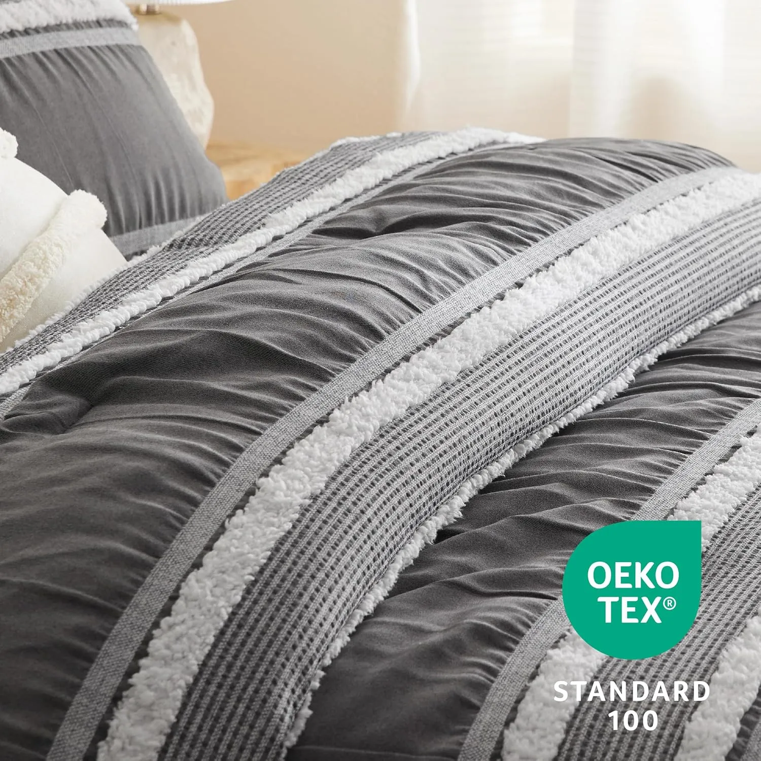 Bedsure Boho Comforter Set King - Dark Grey Jacquard Bedding King Size, 3 Pieces Farmhouse Shabby Chic Embroidery Bed Set, Soft Fluffy Tufted Striped Comforter for All Seasons